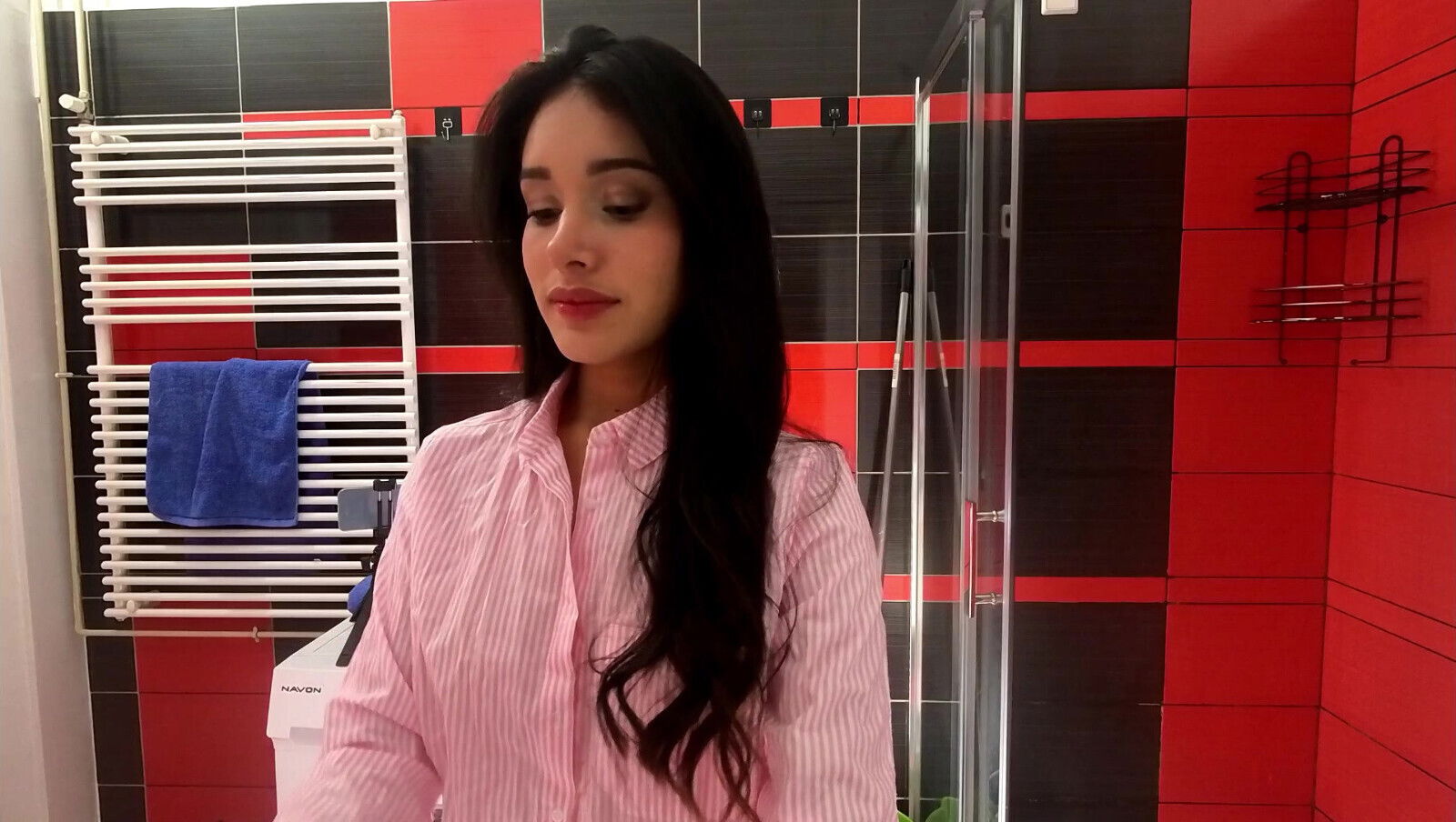 petite brunette bathroom prepares night panties shirt