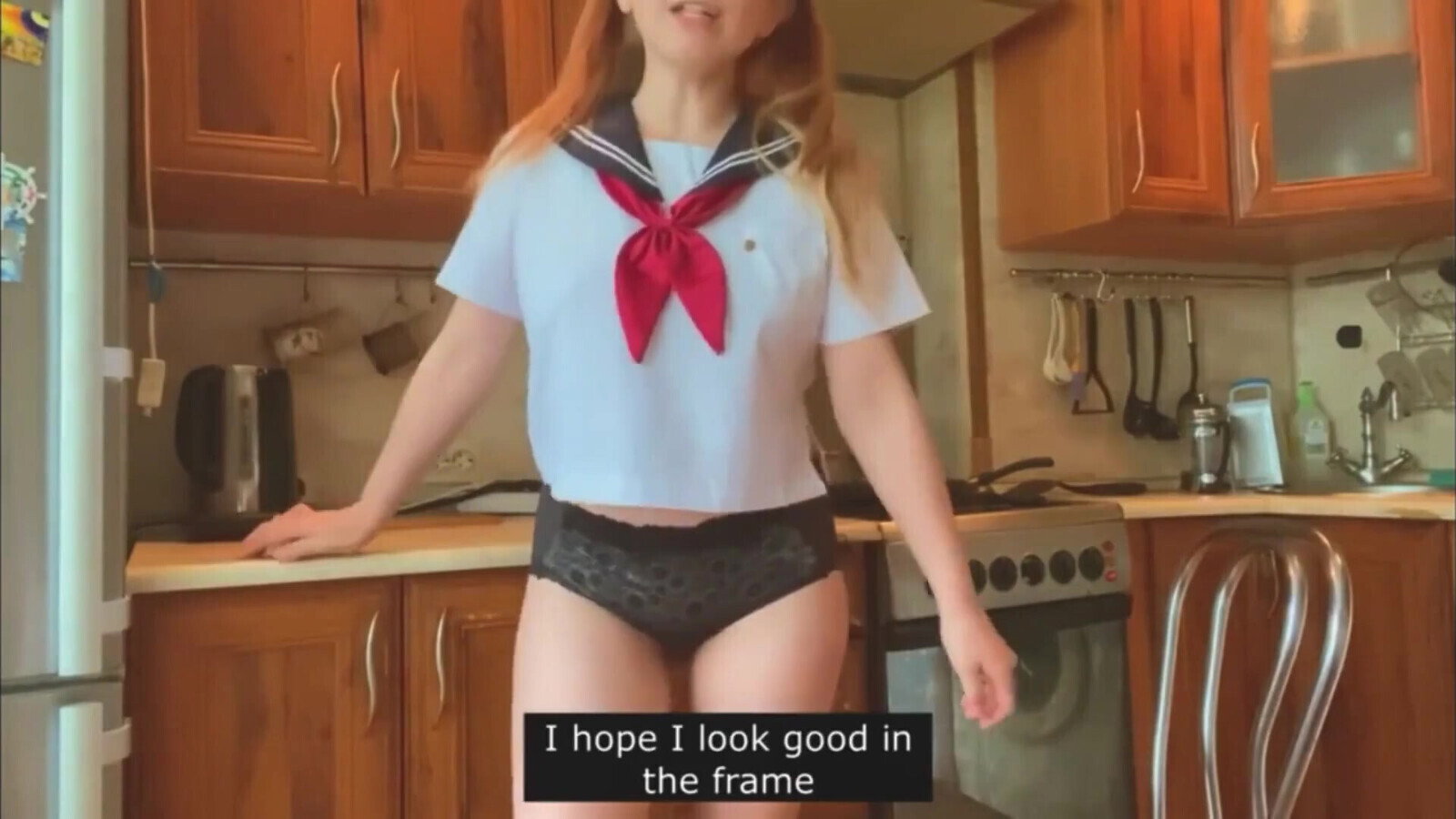 Young Beauty Japanese College Uniform Masturbates Kitchen Chats with