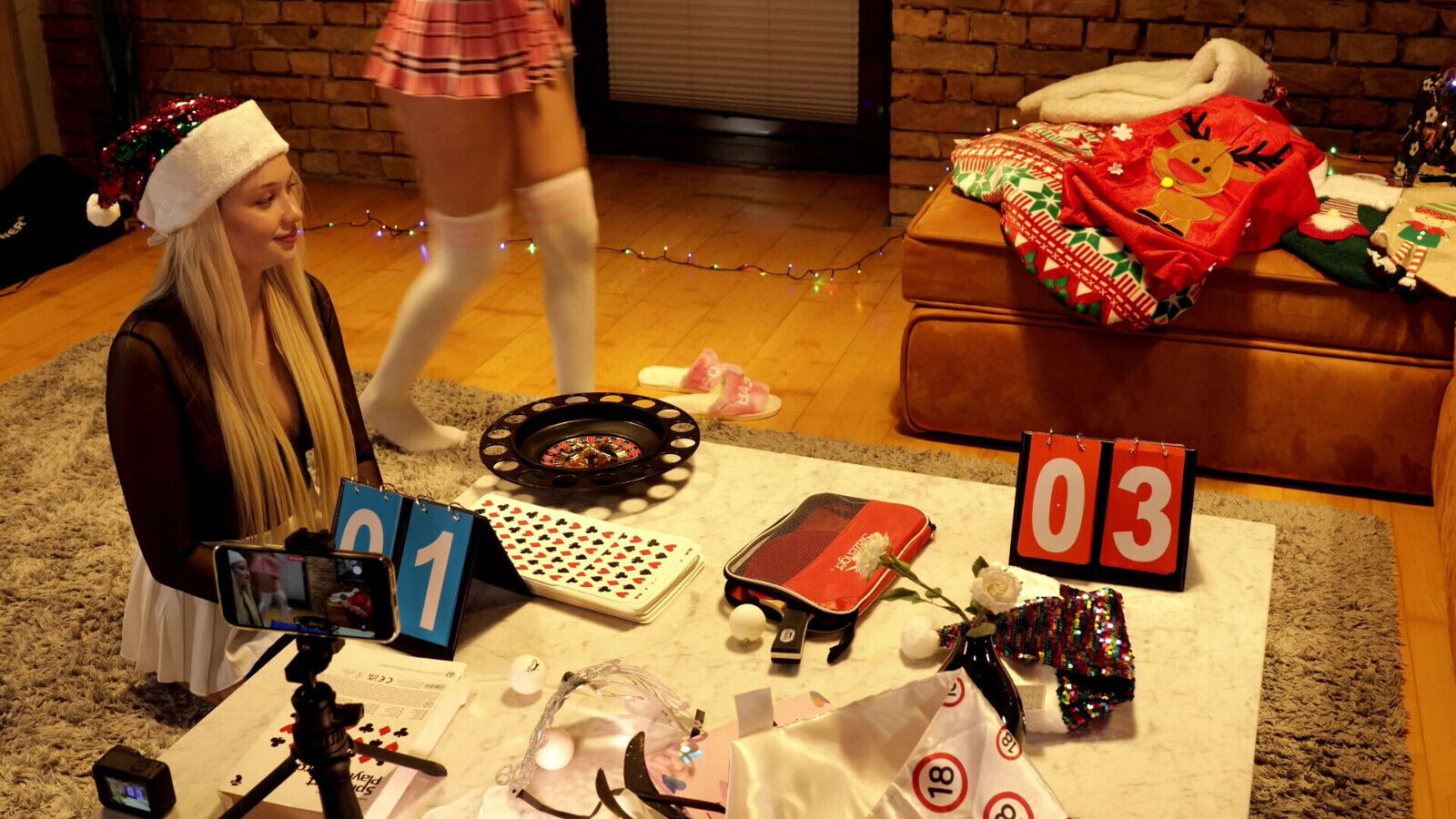 girls handjob challenge party Christmas with presents roulette spinning