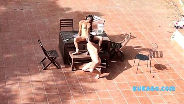 Public Courtyard Blowjob Fucking with Brunette Amateur Couple