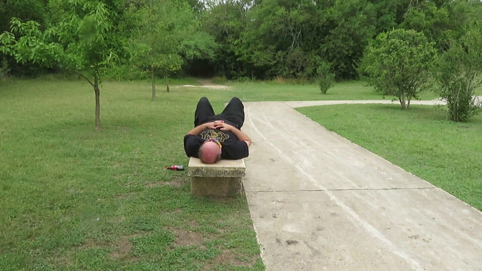 Park bench face sitting pink lace