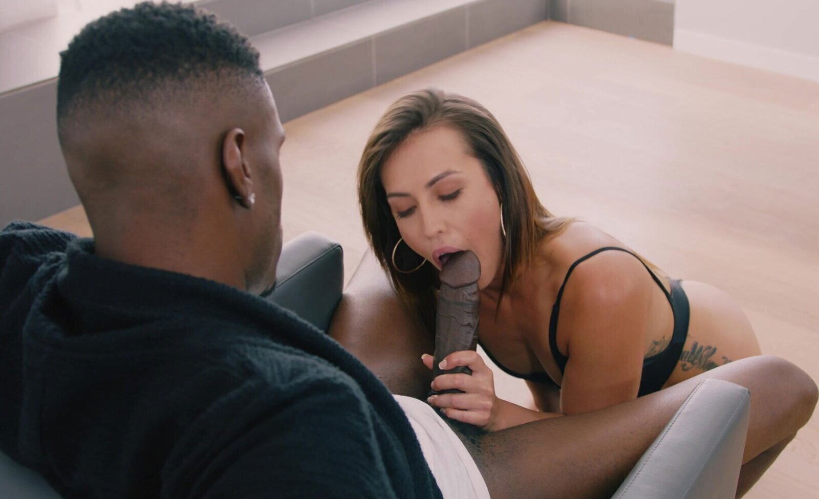 Brunette hottie Kelsi Monroe rides huge black with incredible intensity.