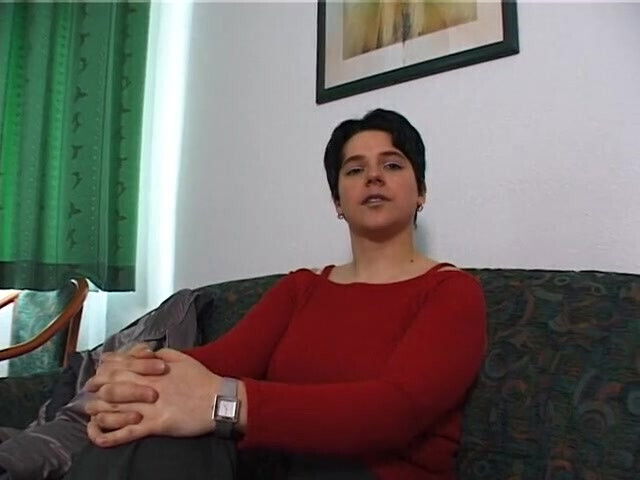 Chubby hairy brunette rubs and fingers her cunt at the casting