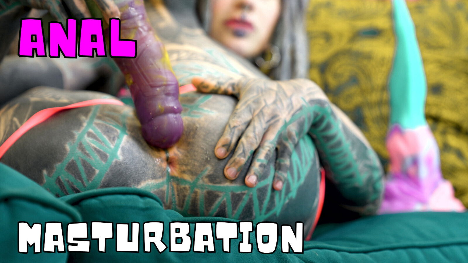 Tattooed Solo Girl Pushing Anal Toys in Lingerie