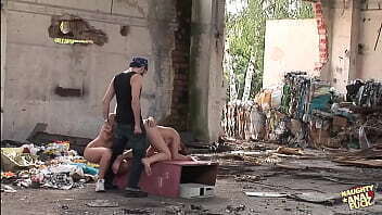 In this abandoned building this lucky motherfucker fucked two totally different girls in their asses