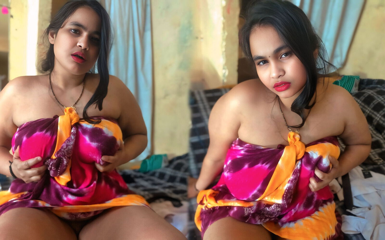 Desi Chubby Girls in Colorful Saree Wrap - Busty Amateur Bedroom Fun