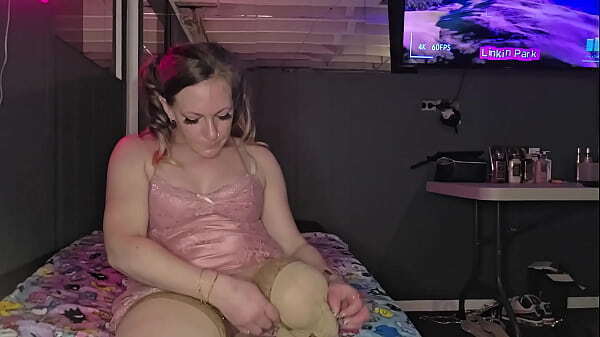 Amputee putting pantyhose on stump.