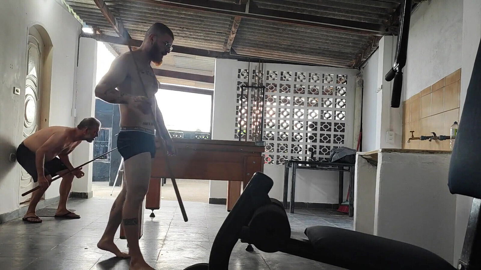 Camera Films Straight Players Playing Pool and Naked