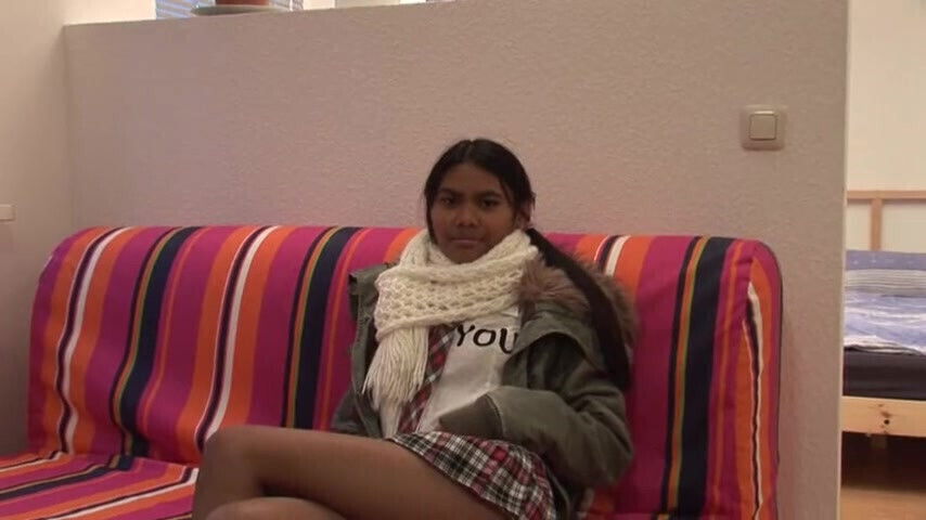 Shy asian teen with small tits dildoing her cunt