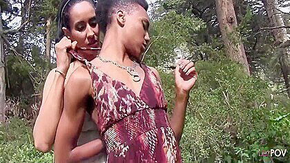Outdoor Interracial Lesbian Sex In A Forest Between A Skinny Ebony Chick And A Brunette With Big Tits 17 Min