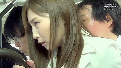 Ian Hanasaki, Saki Mizumi and Aki Sasaki in I hold on to switch rest against rear in swinging crowded bus