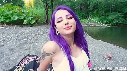 Purple-haired Bimbo Val Steele Gets Properly Fucked Outdoors