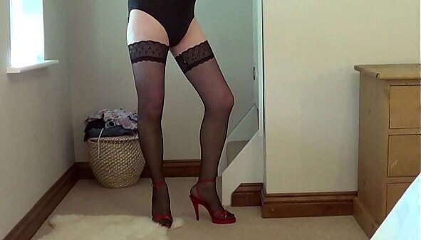 Crossdresser cums in swimwear