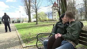 A poor cuck eats cum flowing out from his wife'_s pussy after she was fucked in all her holes by a strange Black man