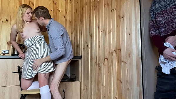 Cuckold watches his wife cheat in the kitchen