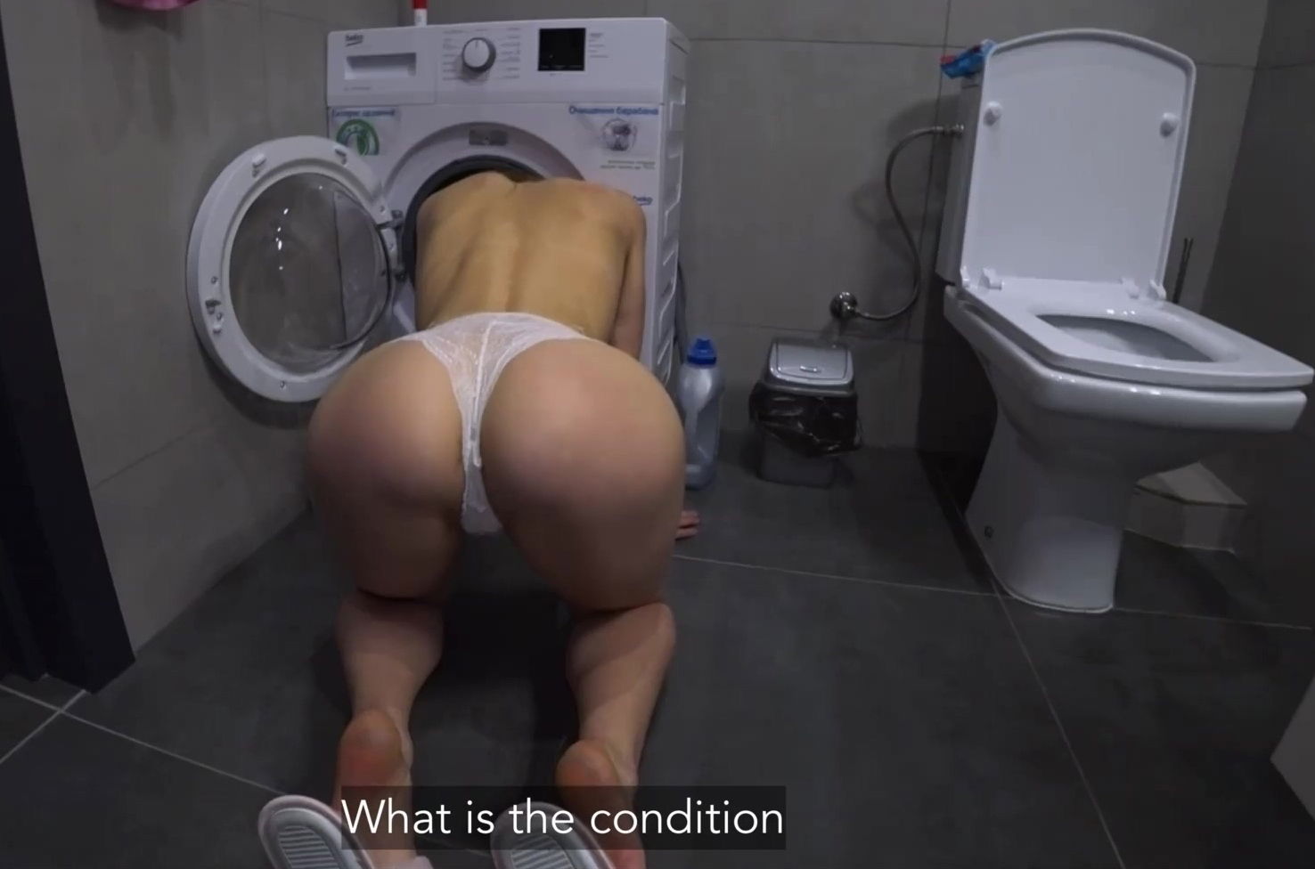 Skinny chick got stuck in a washing machine and got her anal fucked by a neighbour behind her husband's back