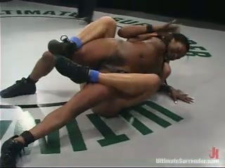 Asian and Ebony Wrestlers Fighting for Domination and Strapon Sex