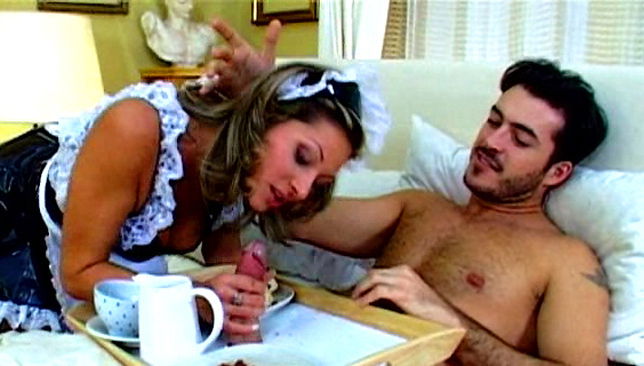 Hardcore maid Caroline Cage sucks a nice dick