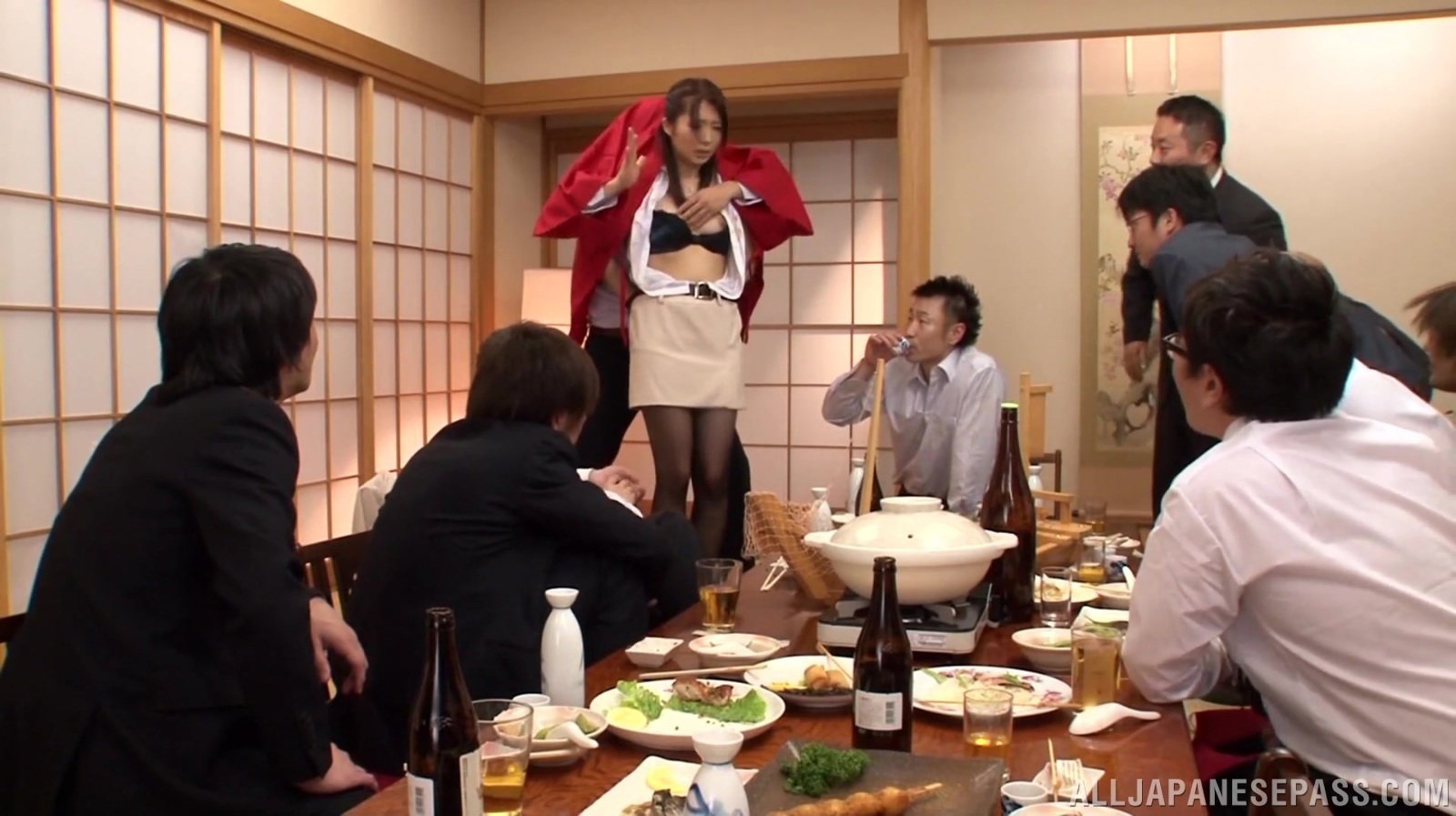 Japanese girl enjoys gangbang with co-workers