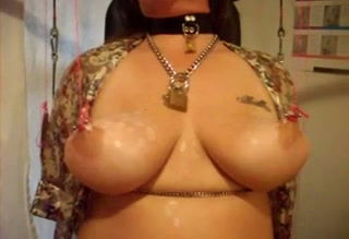 Submissive amateur wifey gets her puffy nipples pinned with metal stuff