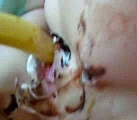 Pussy sundae dessert - my brunette girl pets her cunt with banana