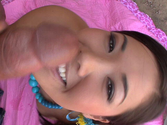 Asian whore panties doing blowjob outdoors