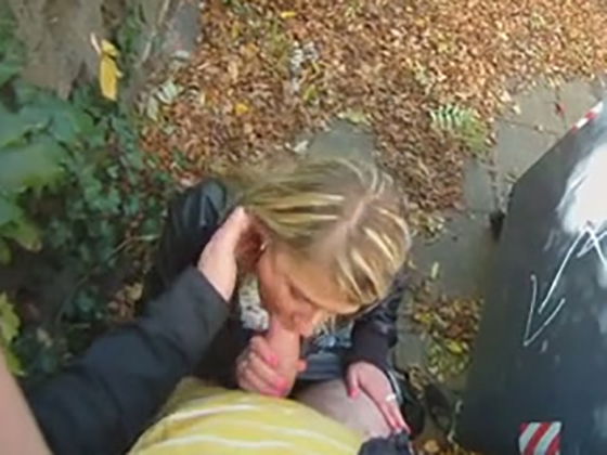 Horny blonde Kelly Candy gives lover sensual blowjob public