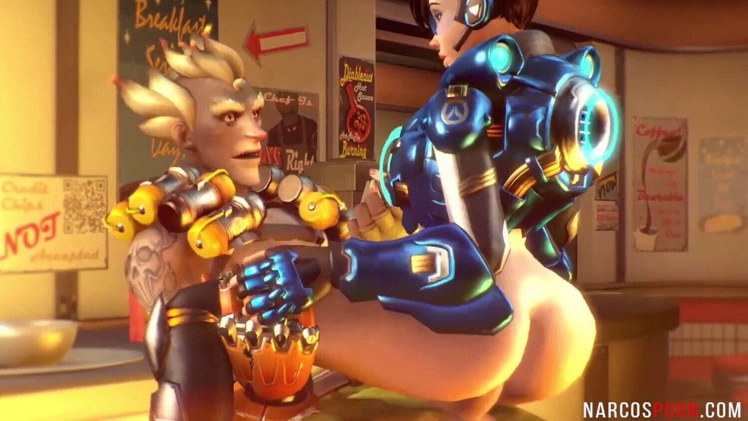 Horny brunette Tracer fucked lots dicks