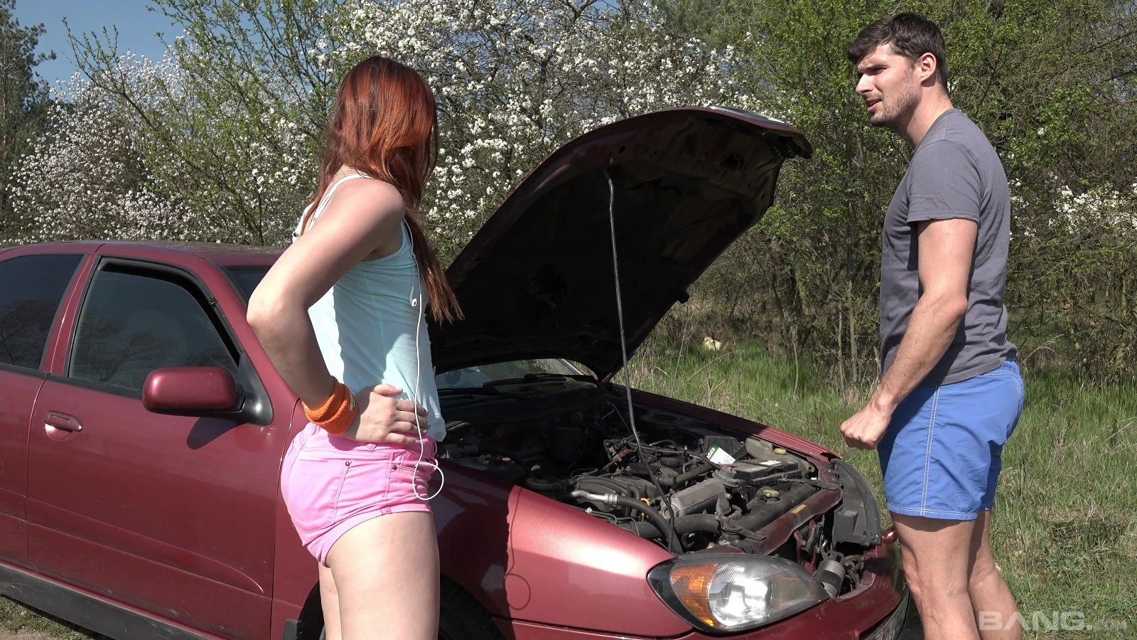 Redhead chick Charli gets talked into fucking outdoors