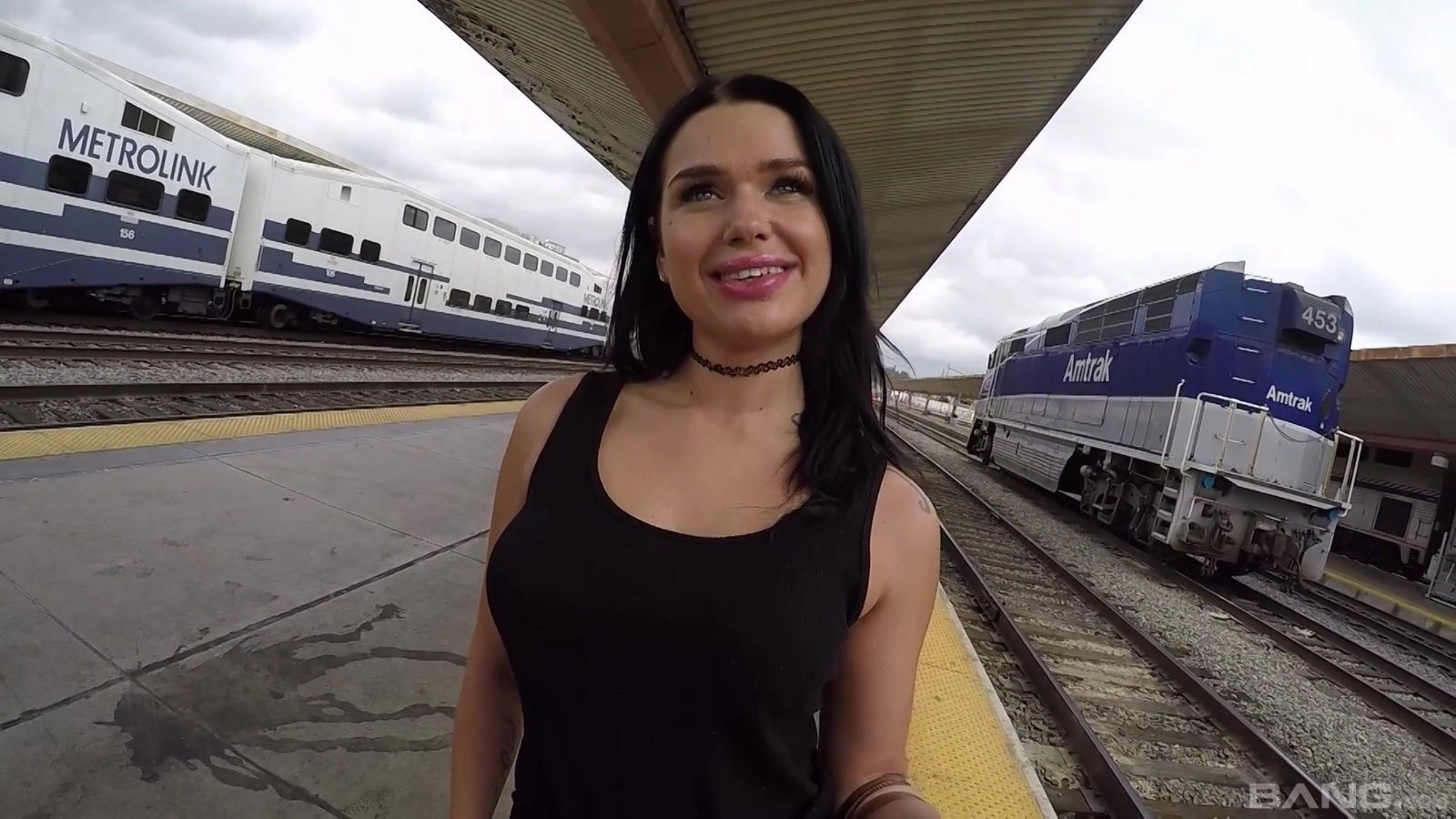 Horny brunette Trina Rush sucks rides train