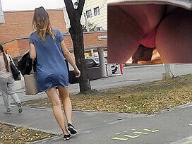 First-class upskirt public with lady jeans skirt