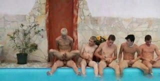 He is taking BARE all his friends in the swimming pool 