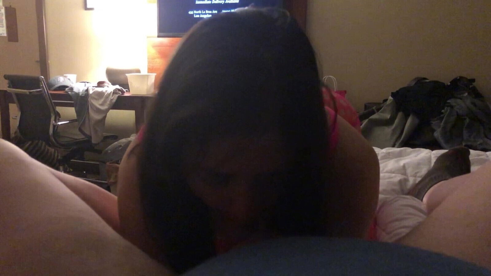 Latina Milf beauty gives blowjob and talks dirty in pink