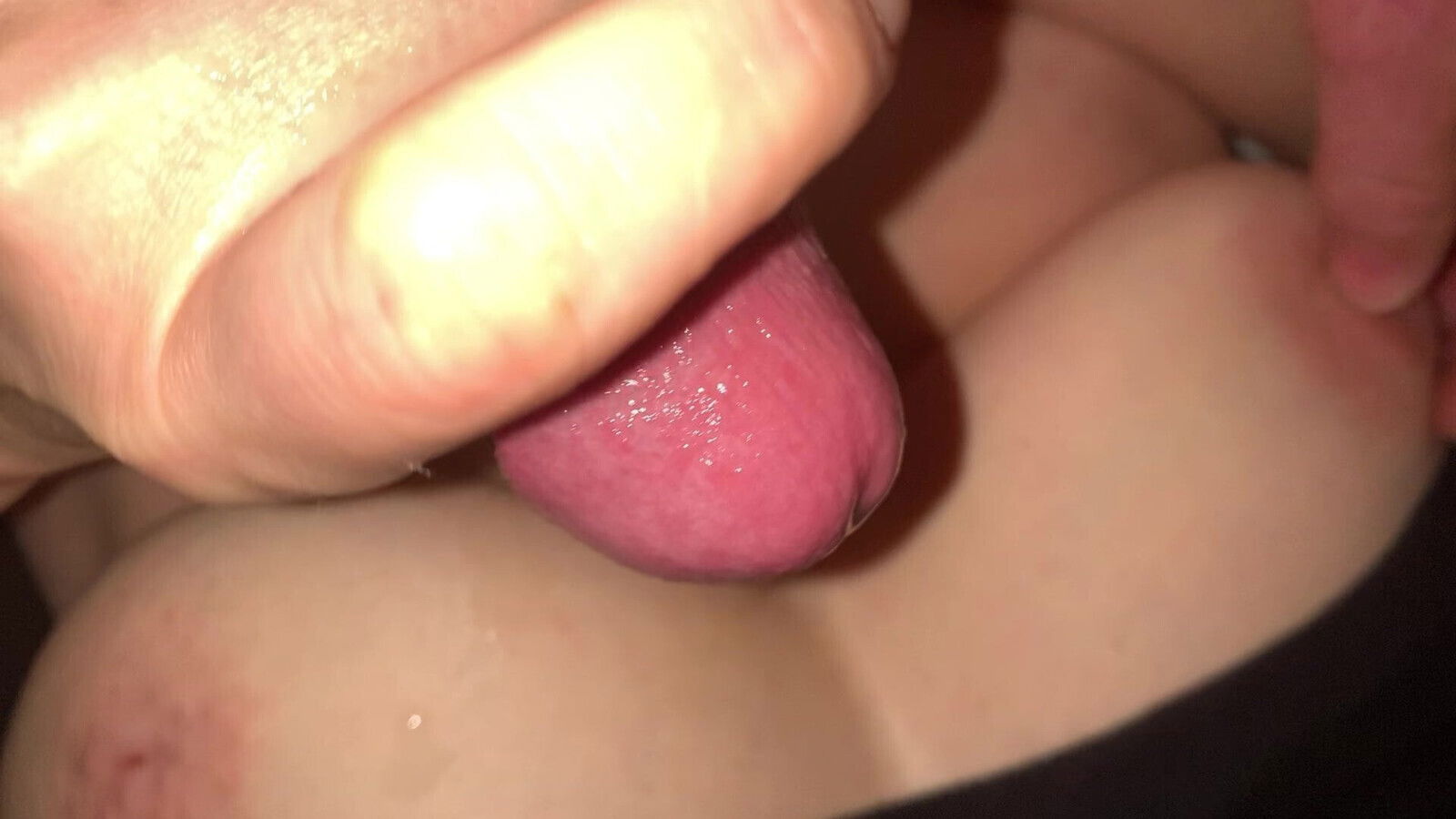 Straddling wife hand job onto tits 