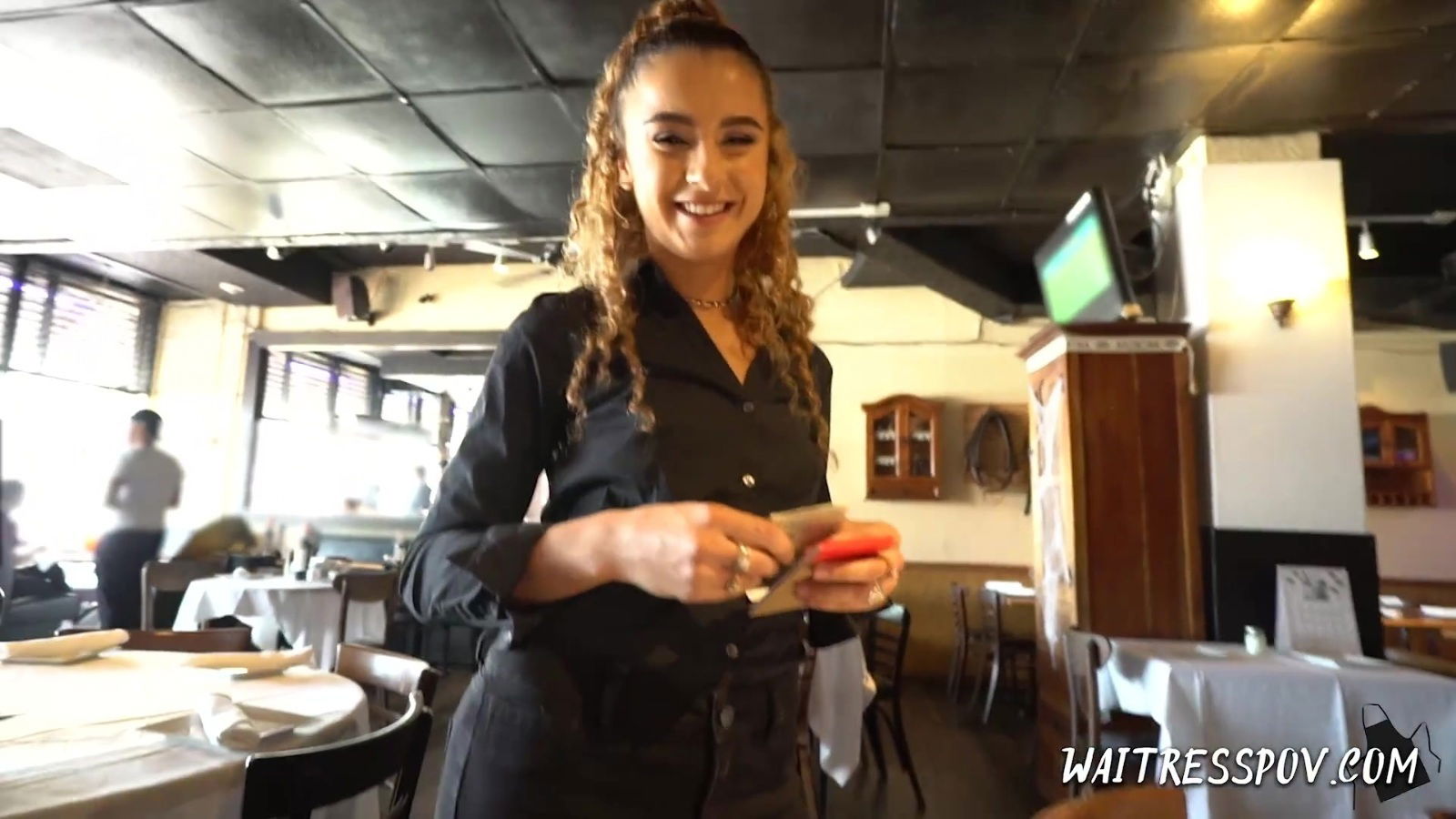 Curly Latina girl Venus Valkyrie stands knees give sensual blowjob