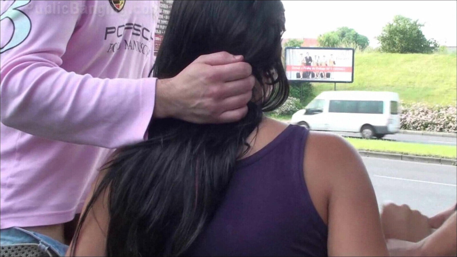 Risky public sex threesome at a bus stop with big tits girl