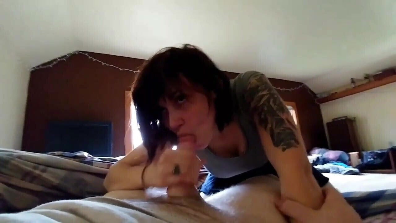 Sexy amateur tattooed brunette with big natural boobs