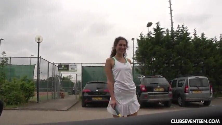 Brunette tennis player strips clothes