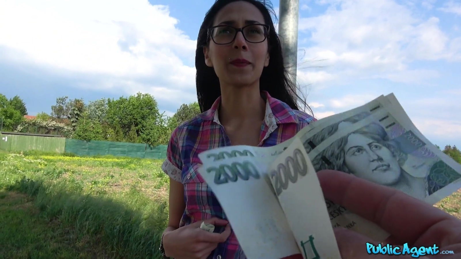 Brunette chick Ashely Ocean with glasses having outdoors