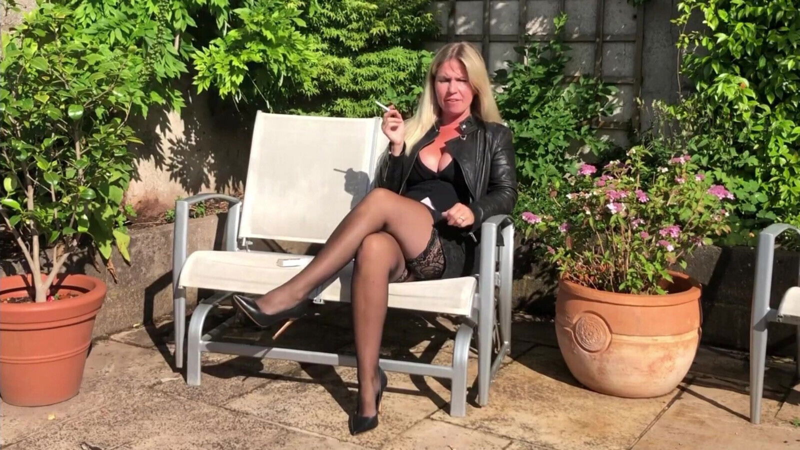 Panel talk show host black pantyhose