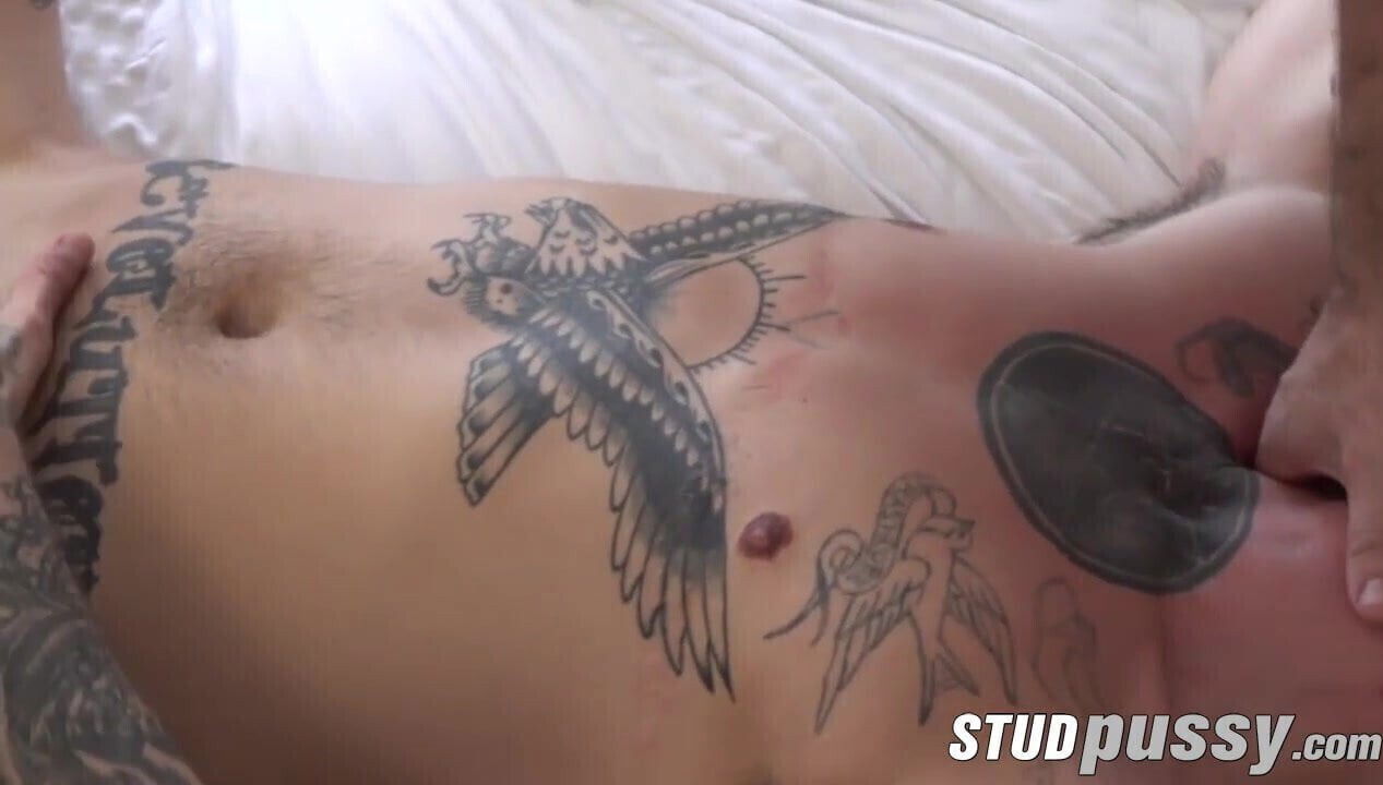Handsome with tattoos masturbates while sucking dick
