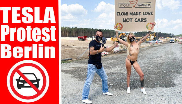 Nude protest front Tesla Gigafactory Berlin, Pornshoot