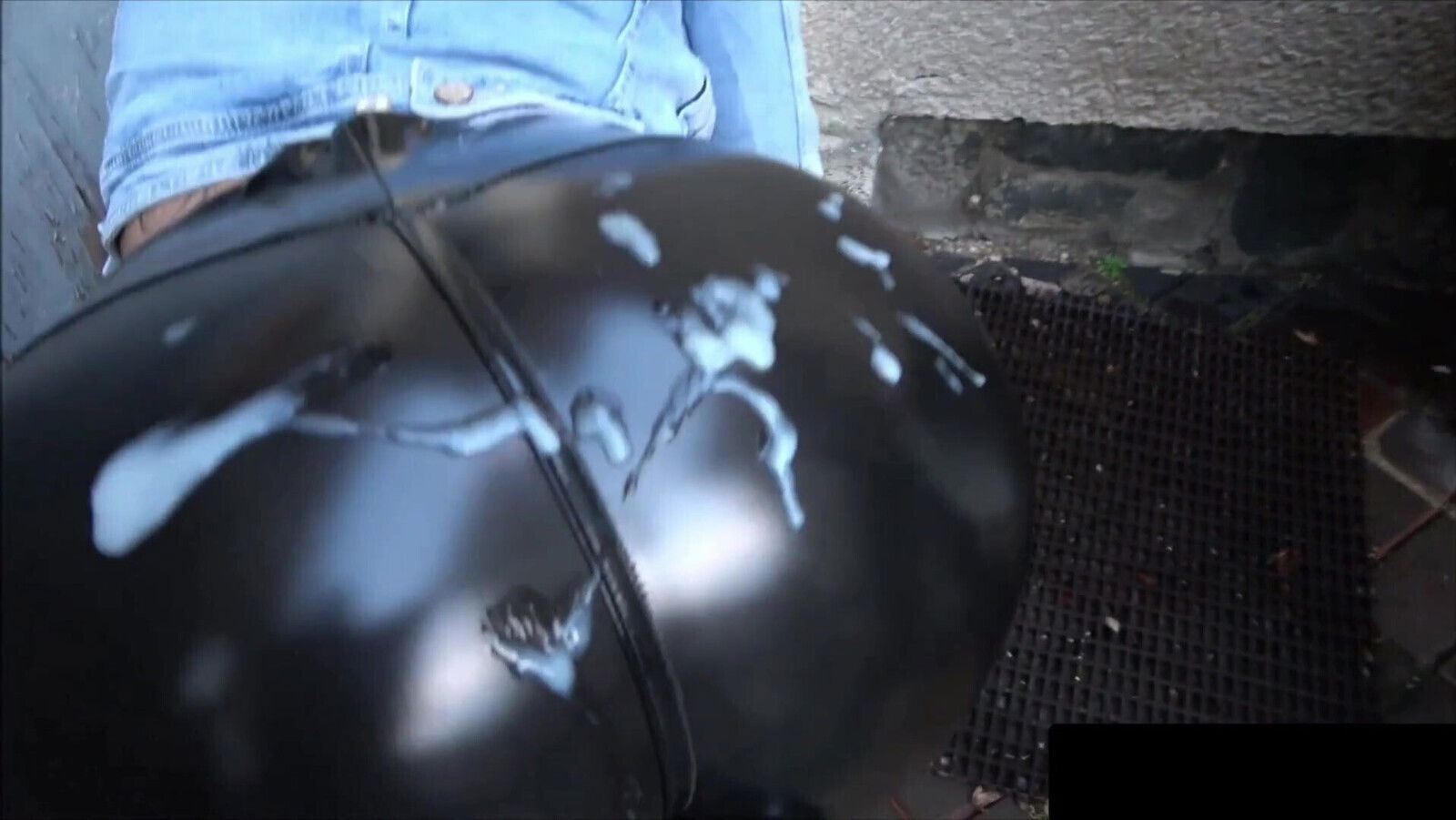 Blonde does public cumwalk tight leather pants,