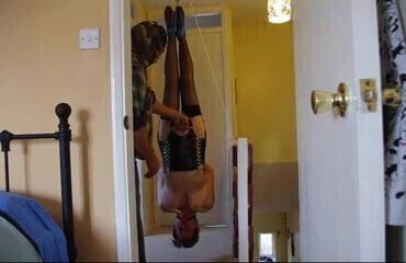 Gagged spanked fingered clipped granny hoisted upside