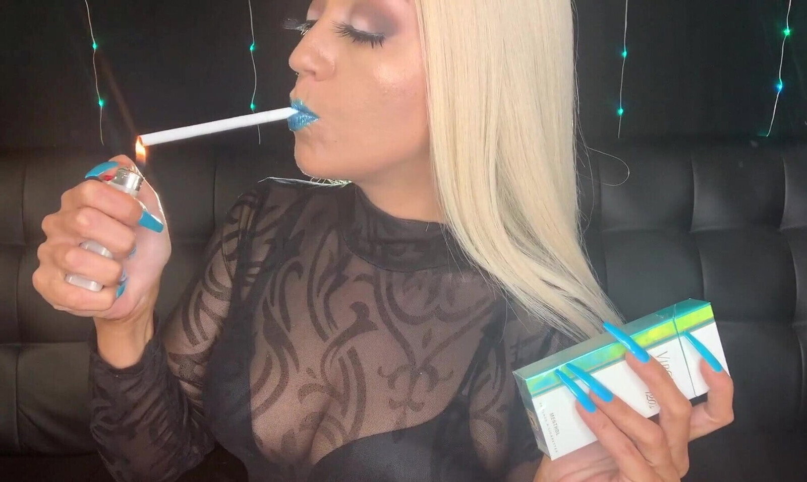 Long BLue Fingernails Lipstick Smoking