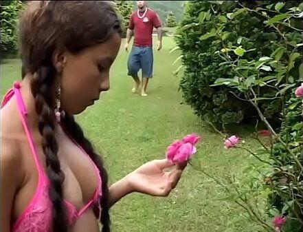 Tattoed persuaded innocent looking brunette girl from Brazil Verao Italian fashion grass