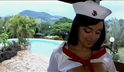 Young playful peacherino sailor'_s uniform Julia Paes takes load boobs after getting good brown summerhouse