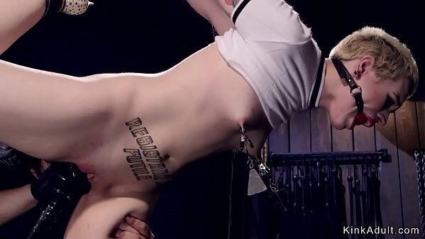 Short hair blonde device bondage