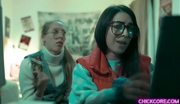 Nerd college lesbian teens Cadence Serena Blair doing their experiment with virtual woman tested with 3some session.