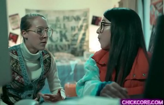 Nerdy lesbian teens Cadence Serena Blair experimented virtual creation came life started lesbian threesome with her.